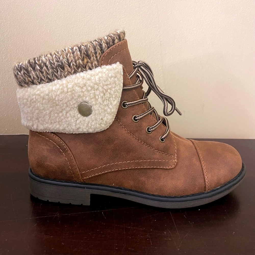 Cliffs by White Mountain Duena Tobacco Brown Knit Shearling Ankle Boots 7 - Picture 3 of 8